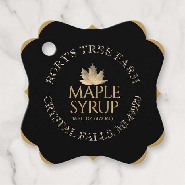 Étiquettes Cadeau Sirop d'érable Or Feuille d'érable Noir Valeur nut (Devant)