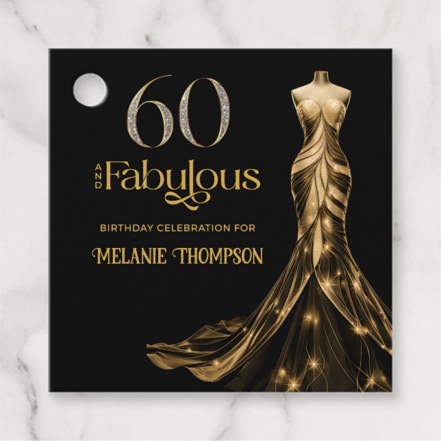 Étiquettes Cadeau Sixty and Fabulous Gold Dress Black 60th Birthday (Devant)