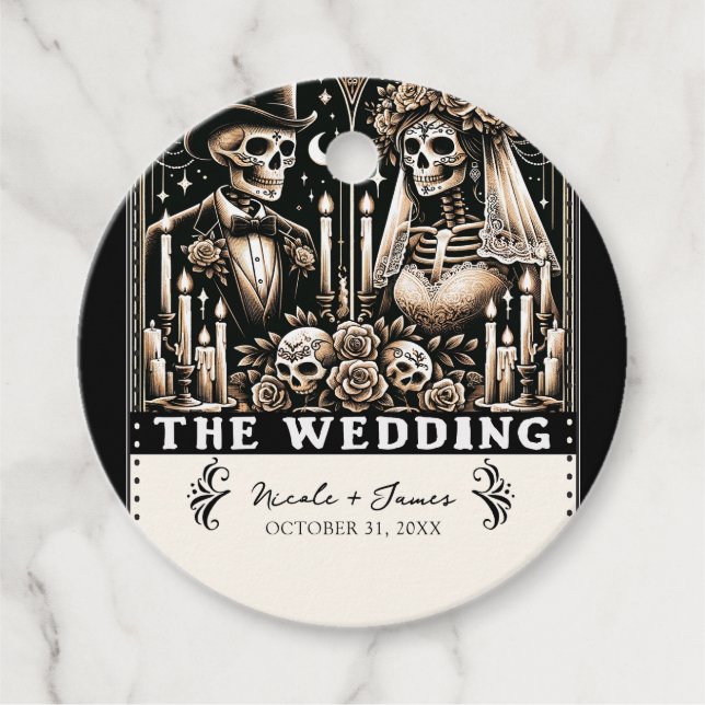 Étiquettes Cadeau Skeletons de Tarot MARIAGE Mariée et Salle (Devant)