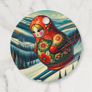 Étiquettes Cadeau Ski Poupée Matryoshka Neige d'hiver