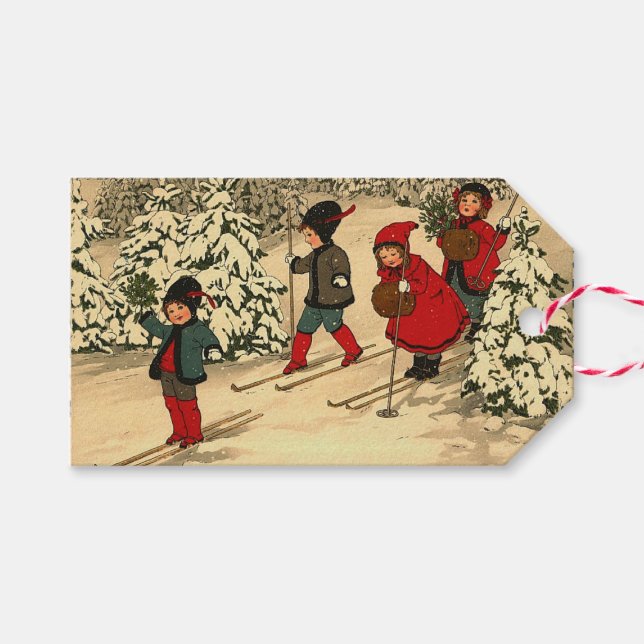 Étiquettes-cadeau Ski pour enfants, scène hivernale vintage (Devant (Horizontal))