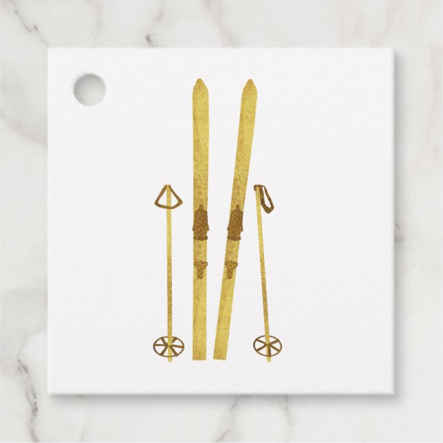 Étiquettes Cadeau Skis Et Poles D'Or | Retro Ski Holiday (Devant)