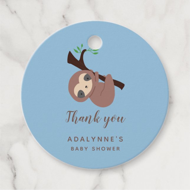 Étiquettes Cadeau Sloth Baby shower garçon Merci bleu Script mignonn (Devant)