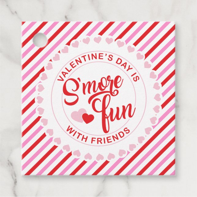 Étiquettes Cadeau S'more Fun Valentine's Day Pink et Red Stripe (Devant)