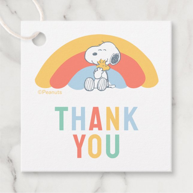 Étiquettes Cadeau Snoopy & Woodstock Rainbow Baby Shower Thank You F (Devant)