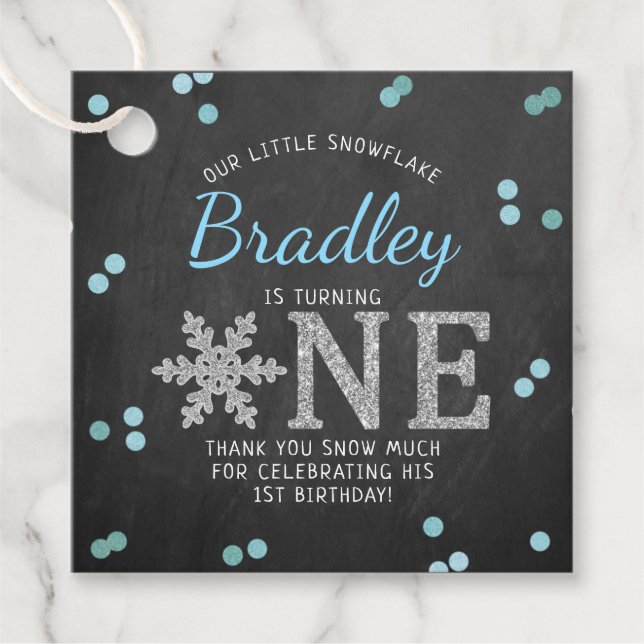 Étiquettes Cadeau Snowflake Winter Chalkboard 1er anniversaire (Devant)