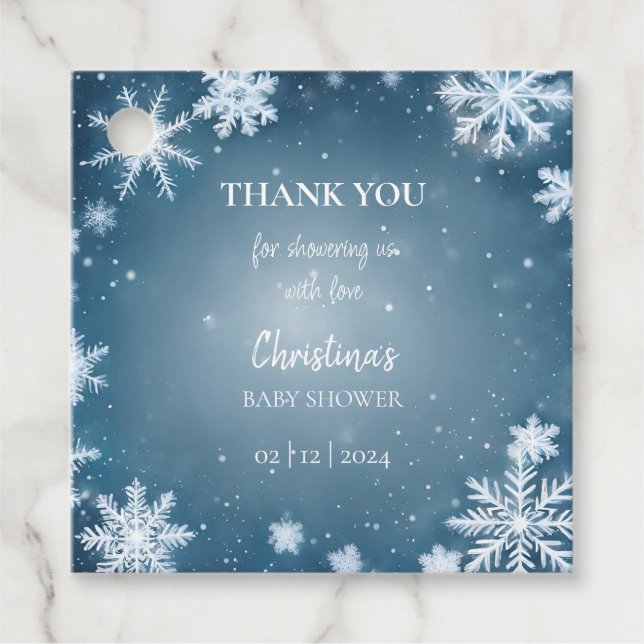 Étiquettes Cadeau Snowflake Winter Wonderland Baby shower Bleu (Devant)