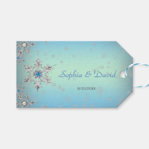 Étiquettes-cadeau Snowflakes en argent Crystals Blue Pearls Mariage