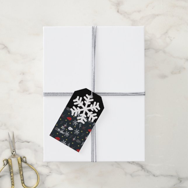 Étiquettes-cadeau Snowflakes et Feuilles de Noël avec dos noir (Avec de la ficelle)