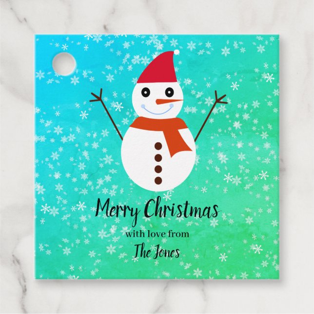Étiquettes Cadeau Snowman bleu et vert avec neige Noël (Devant)
