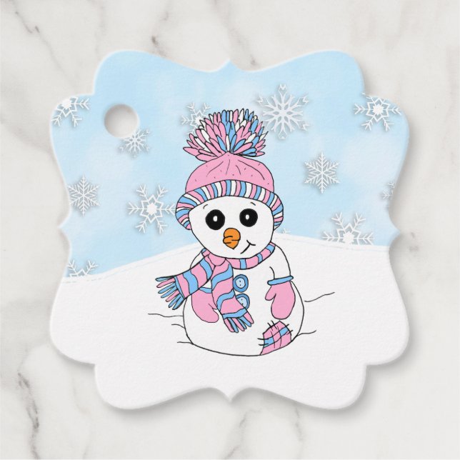 Étiquettes Cadeau Snowman rose de Noël personnalisé (Devant)