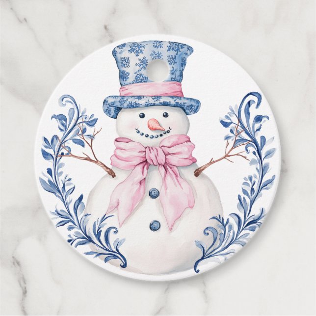 Étiquettes Cadeau Snowman rose et bleu (Devant)