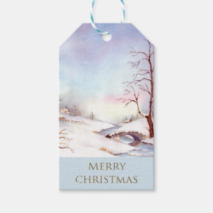 Étiquettes-cadeau Snowy Bridge Watercolor Landscape