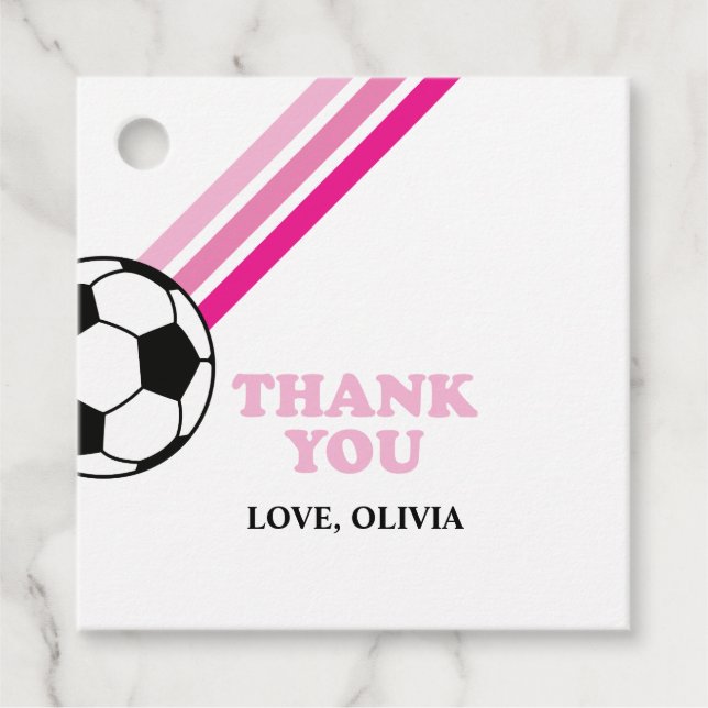 Étiquettes Cadeau Soccer rose rayures Merci Anniversaire (Devant)
