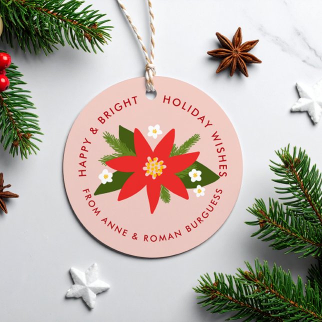Étiquettes Cadeau Soft rose rouge Poinsettia cadeau de Noël (red poinsettia illustration and custom text pink round Christmas gift tag)