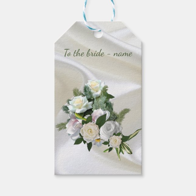 Étiquettes-cadeau Soie blanche luxueuse et fluide et roses blanches. (Devant)
