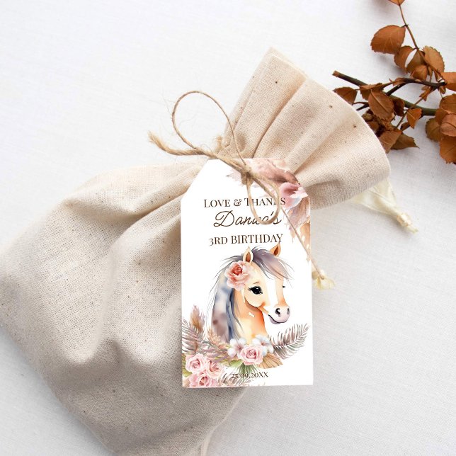 Étiquettes-cadeau Soirée d'anniversaire sur le thème des chevaux (Horses pony themed birthday party favors gift tags cute pony boho flowers pampas grass favor tags)