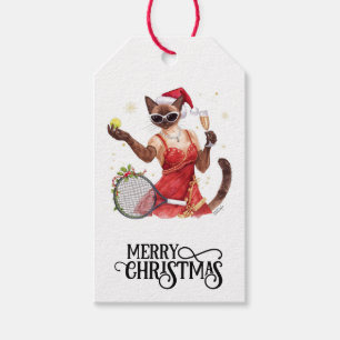 Étiquettes-cadeau Soirée de Noël de tennis avec joueurs de chat