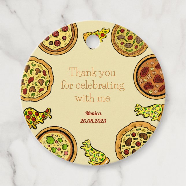 Étiquettes Cadeau Soirée pizza Cartoon anniversaire merci (Devant)