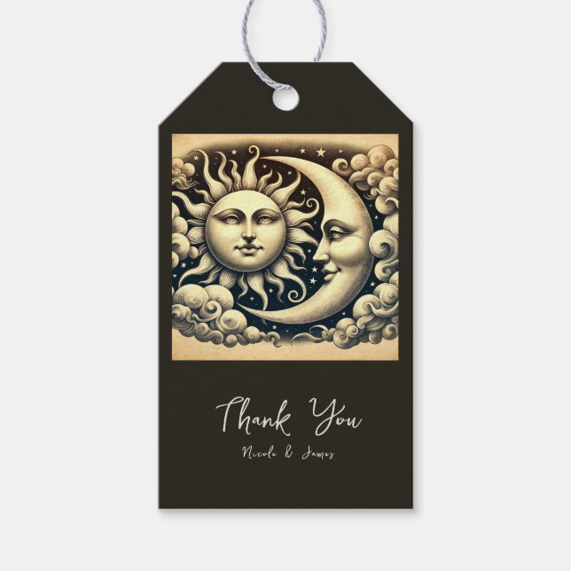 Étiquettes-cadeau Soleil céleste vintage et lune (Devant)