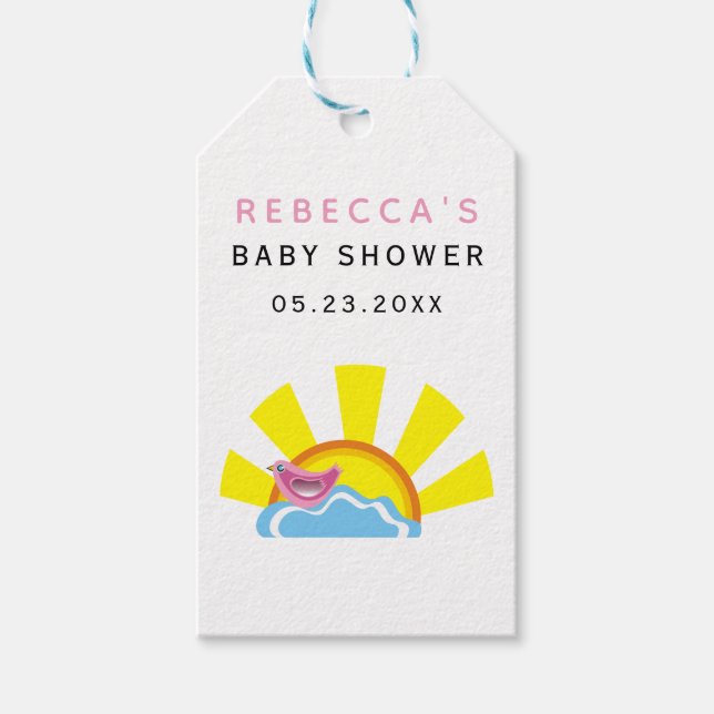 Étiquettes-cadeau Soleil et petit oiseau sur le Baby shower nuageux (Devant)