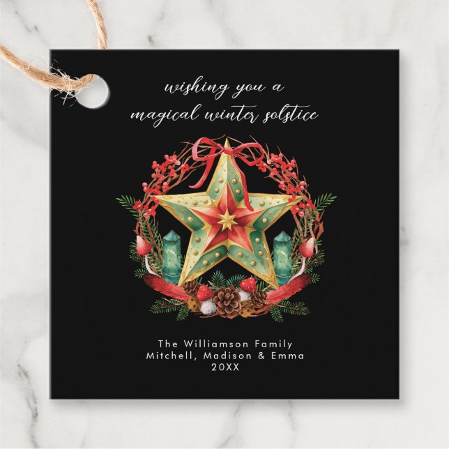 Étiquettes Cadeau Solstice d'hiver Wreath Star Noël Yule (Devant)