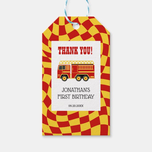Étiquettes-cadeau Son Le Camion Incendie Alarme À damiers Anniversai (Devant)