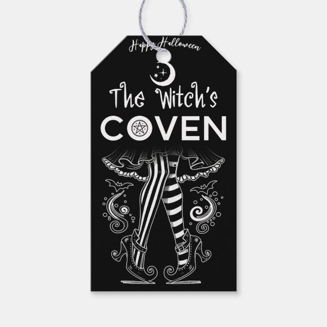Étiquettes-cadeau Sorcière Coven Jambes de Sorcière Noir Blanc Hallo (Devant)