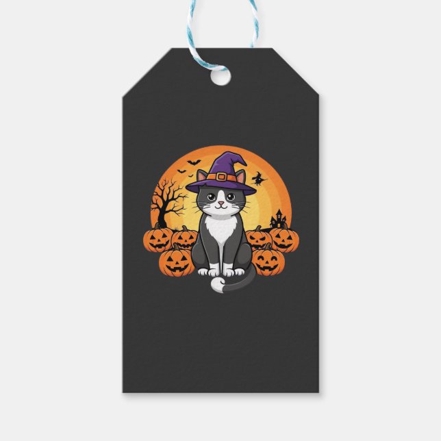 Étiquettes-cadeau Sorcière de Halloween Chat Citrouille Lune Design_ (Devant)