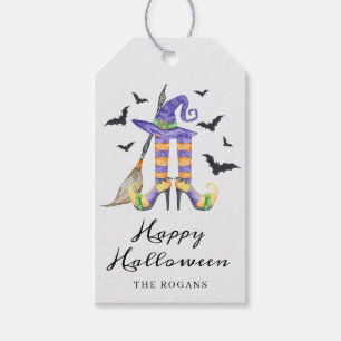 Étiquettes-cadeau Sorcière d'Halloween jambes et chapeau