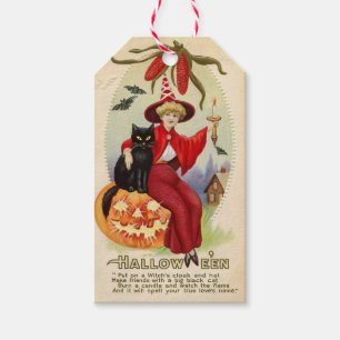 Étiquettes-cadeau Sorcière d'Halloween vintage et chat noir