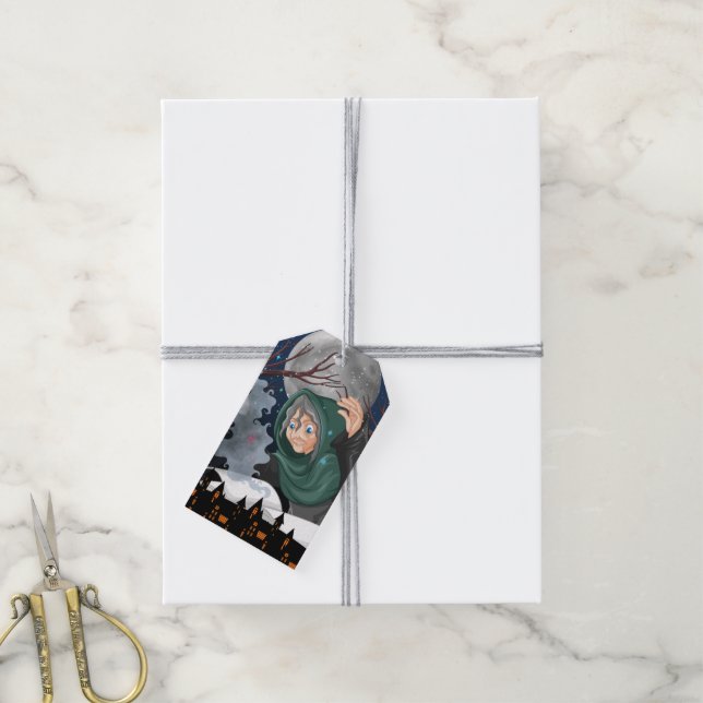 Étiquettes-cadeau  Sorcière effrayante & Maison hantée Halloween🌙 (Avec de la ficelle)
