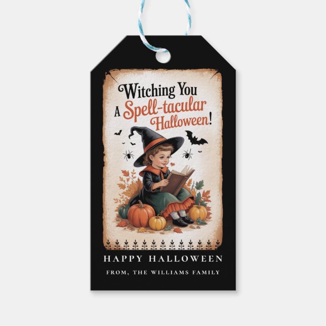 Étiquettes-cadeau Sorcière ensorcelante d'Halloween Citrouille vinta (Devant)