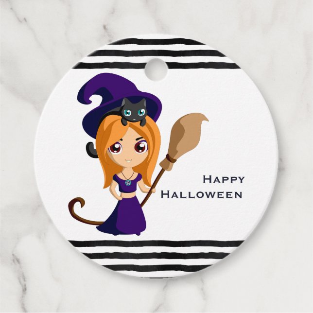 Étiquettes Cadeau Sorcière mignonne en Casquette violet Halloween (Devant)