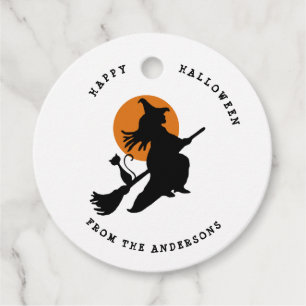 Étiquettes Cadeau Sorcière volante & Chat noir & blanc Halloween