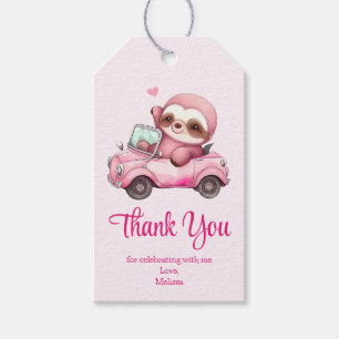 Étiquettes-cadeau Sourire rose Sloth conduisant un Merci convertible
