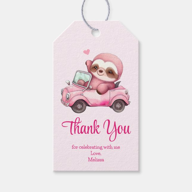 Étiquettes-cadeau Sourire rose Sloth conduisant un Merci convertible (Devant)