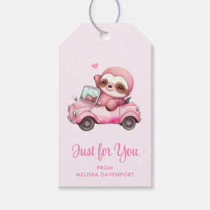 Étiquettes-cadeau Sourire rose Sloth conduisant une convertible