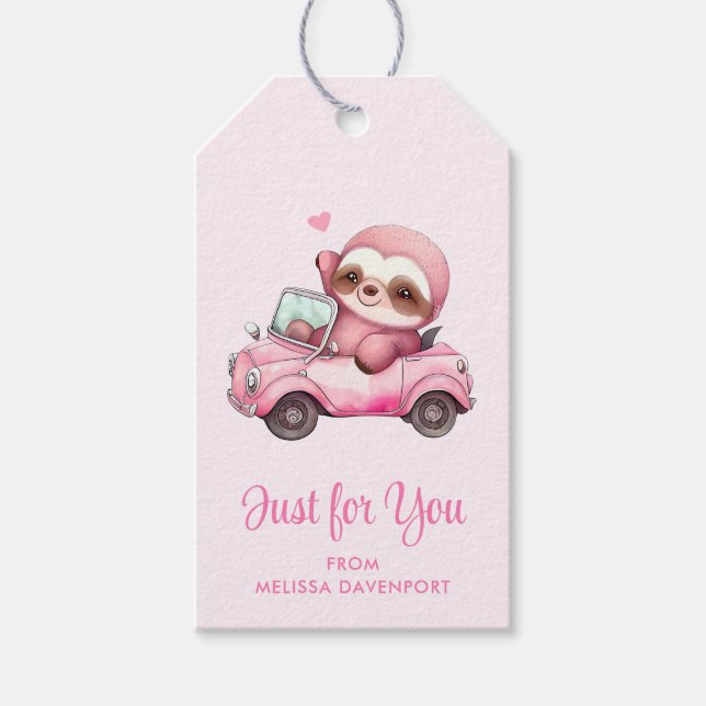 Étiquettes-cadeau Sourire rose Sloth conduisant une convertible (Devant)
