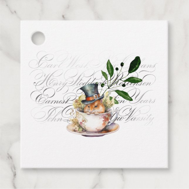 Étiquettes Cadeau Souris victorienne en tasse de thé (Devant)