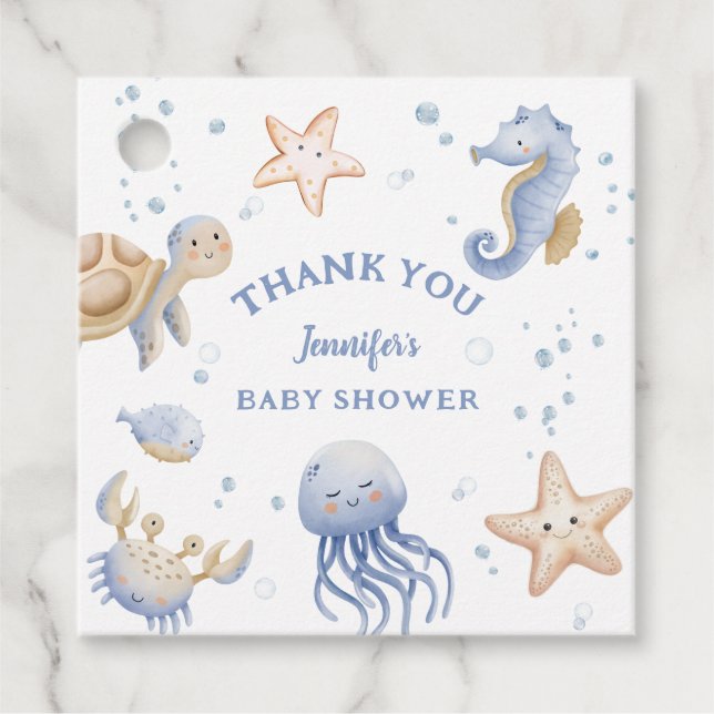 Étiquettes Cadeau Sous La Mer ! Baby shower garçon bleu mou (Devant)