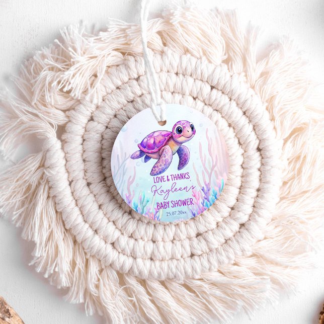 Étiquettes Cadeau Sous la mer mignonne tortue rose baby shower faveu (Under the sea cute sea turtle pink girls baby shower thank you favor tags)