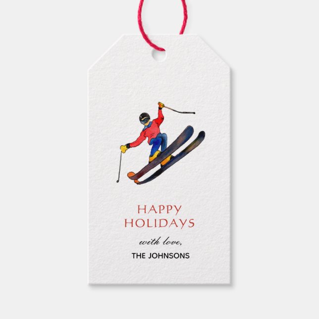 Étiquettes-cadeau Sports d'hiver de ski à l'aquarelle Vacances (Devant)