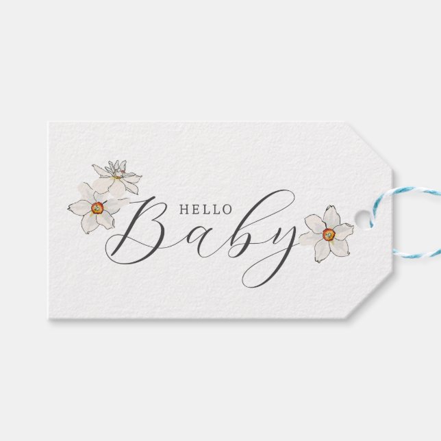 Étiquettes-cadeau Spring Daffodil Hello Baby Script baby shower (Devant (Horizontal))