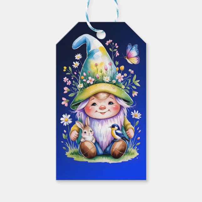 Étiquettes-cadeau Spring Gnome with Bunny and Bluebird (Devant)