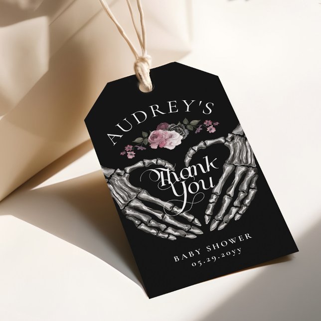 Étiquettes-cadeau Squelette gothique Mains Baby shower coeur Merci (Gothic Skeleton Hands Heart Baby Shower Thank You Gift Tags)