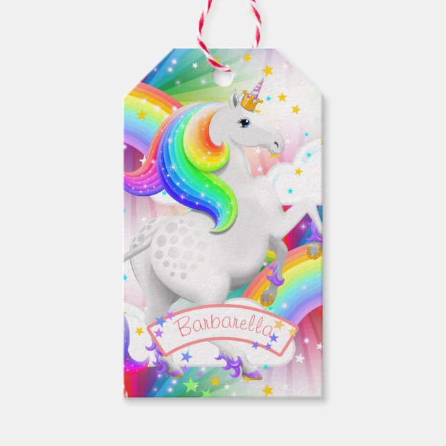 Étiquettes-cadeau Starburst Rainbow Princess Unicorn Anniversaire (Devant)