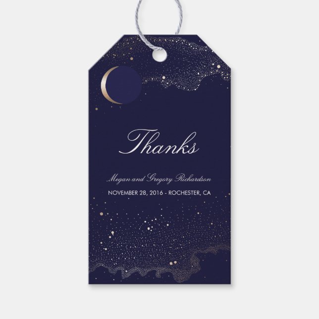 Étiquettes-cadeau Starry Night Crescent Lune Marine et Mariage d'or (Devant)