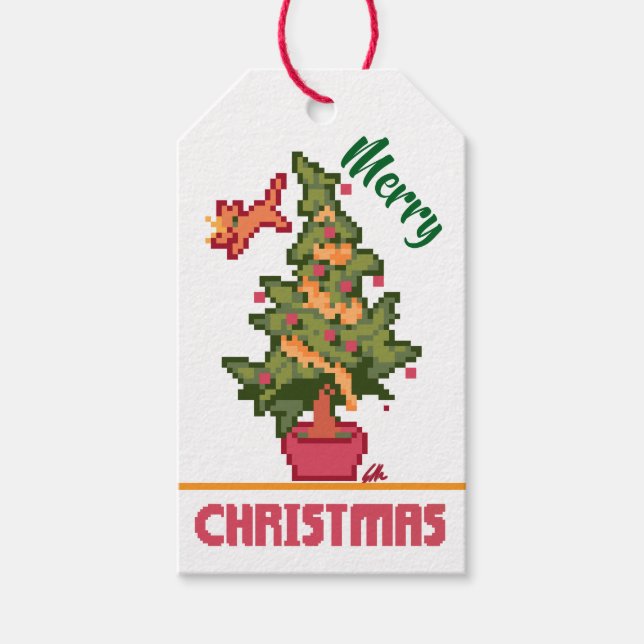 Étiquettes-cadeau stealing cat, tree, Pixel Art, Merry Christmas (Devant)