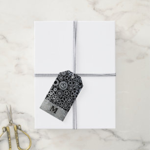 Étiquettes-cadeau Steampunk Argent Zinc engrenages Personnalisé Mono